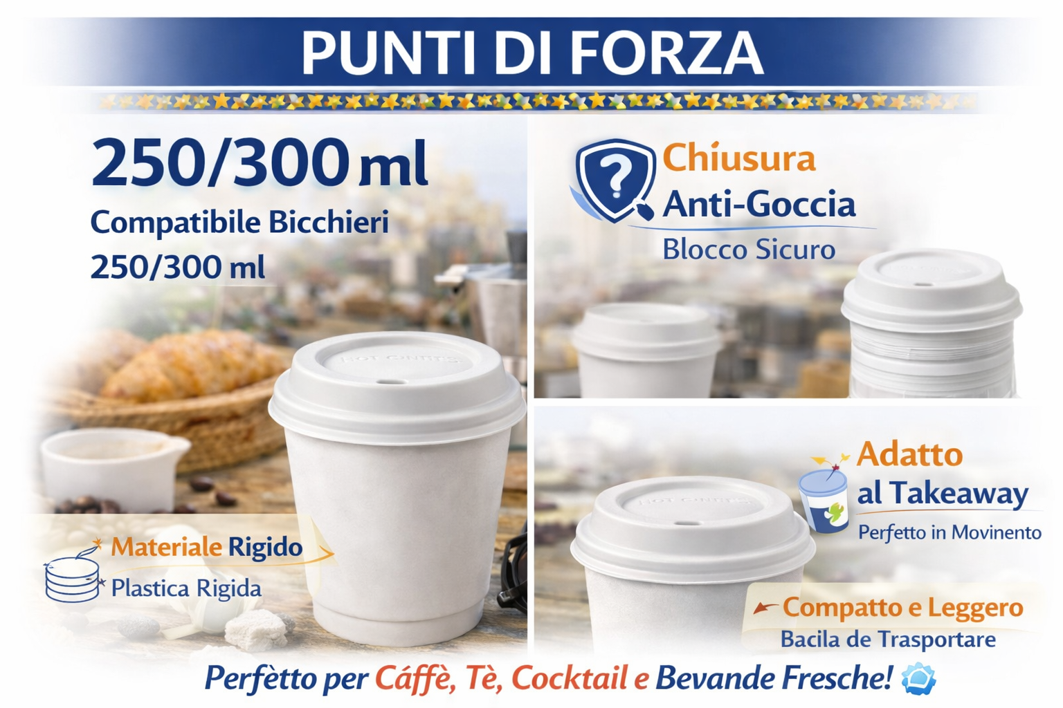 1000 Coperchi per Bicchieri 250/300ml - Universali con Foro - Cartone 1000 Pezzi