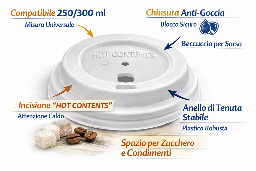 1000 Coperchi per Bicchieri 250/300ml - Universali con Foro - Cartone 1000 Pezzi