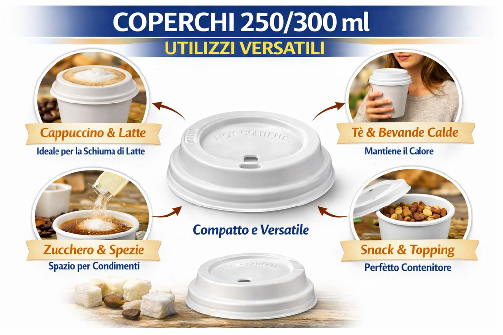 1000 Coperchi per Bicchieri 250/300ml - Universali con Foro - Cartone 1000 Pezzi