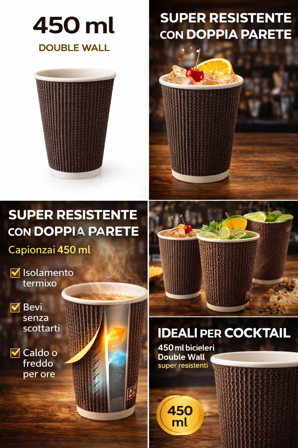 250 Bicchieri Double Wall 450ml Marrone - Super Resistenti per Cocktail