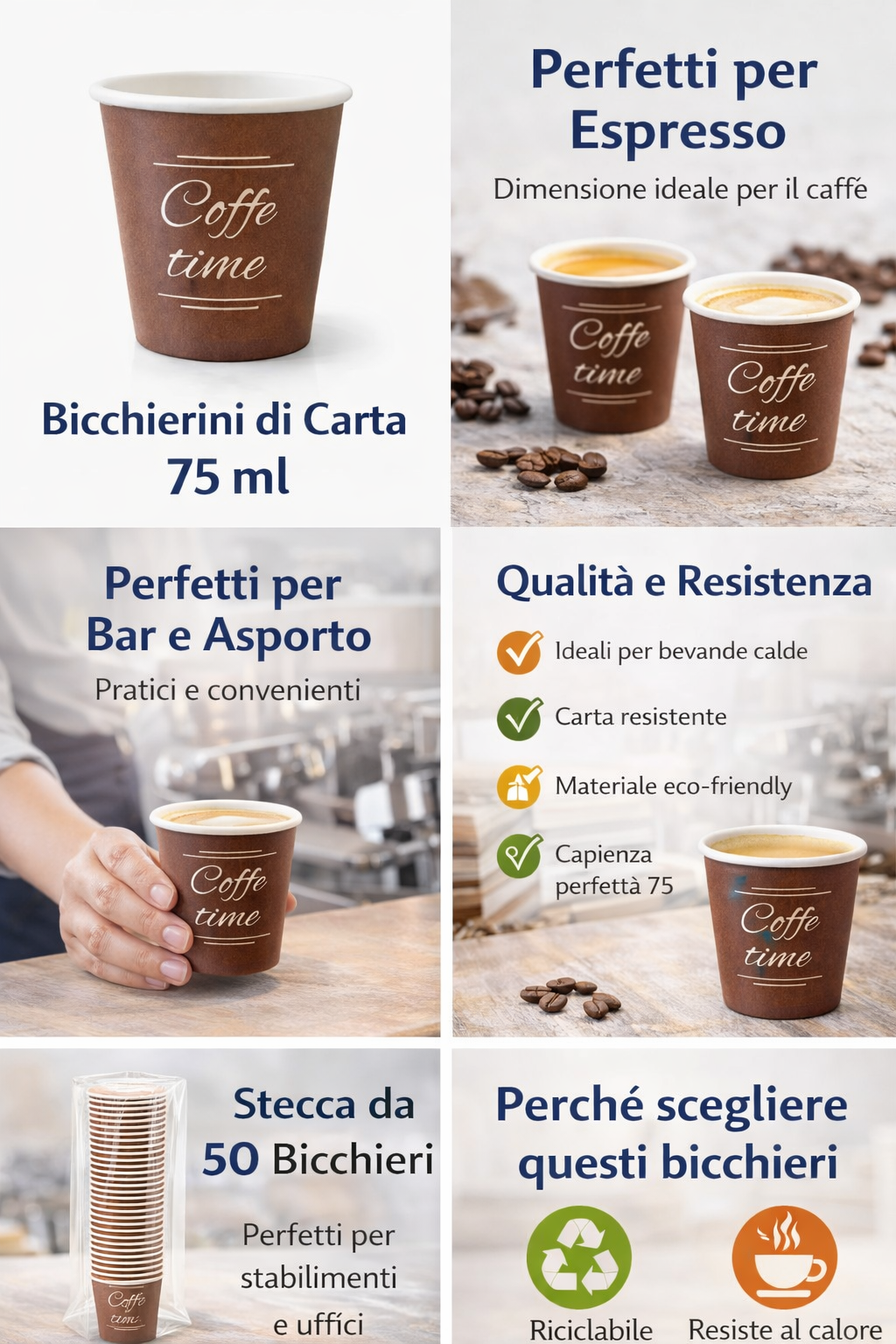 2400 Bicchierini Carta Marrone 75ml "Coffee Time" - Ideali per Bar e Caffetterie