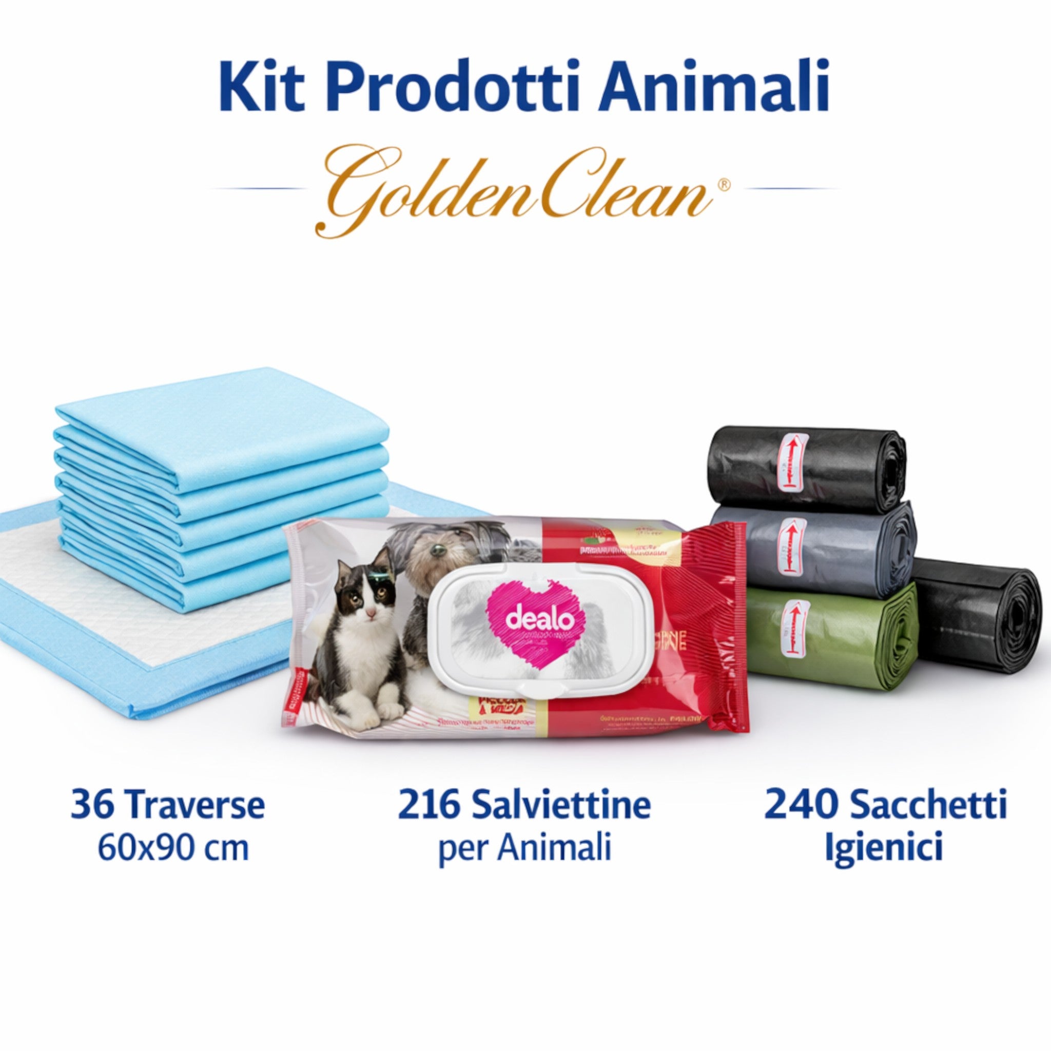 Kit Prodotti Animali - 36 Traverse + 216 Salviettine + 240 Sacchetti Immagine principale del prodotto