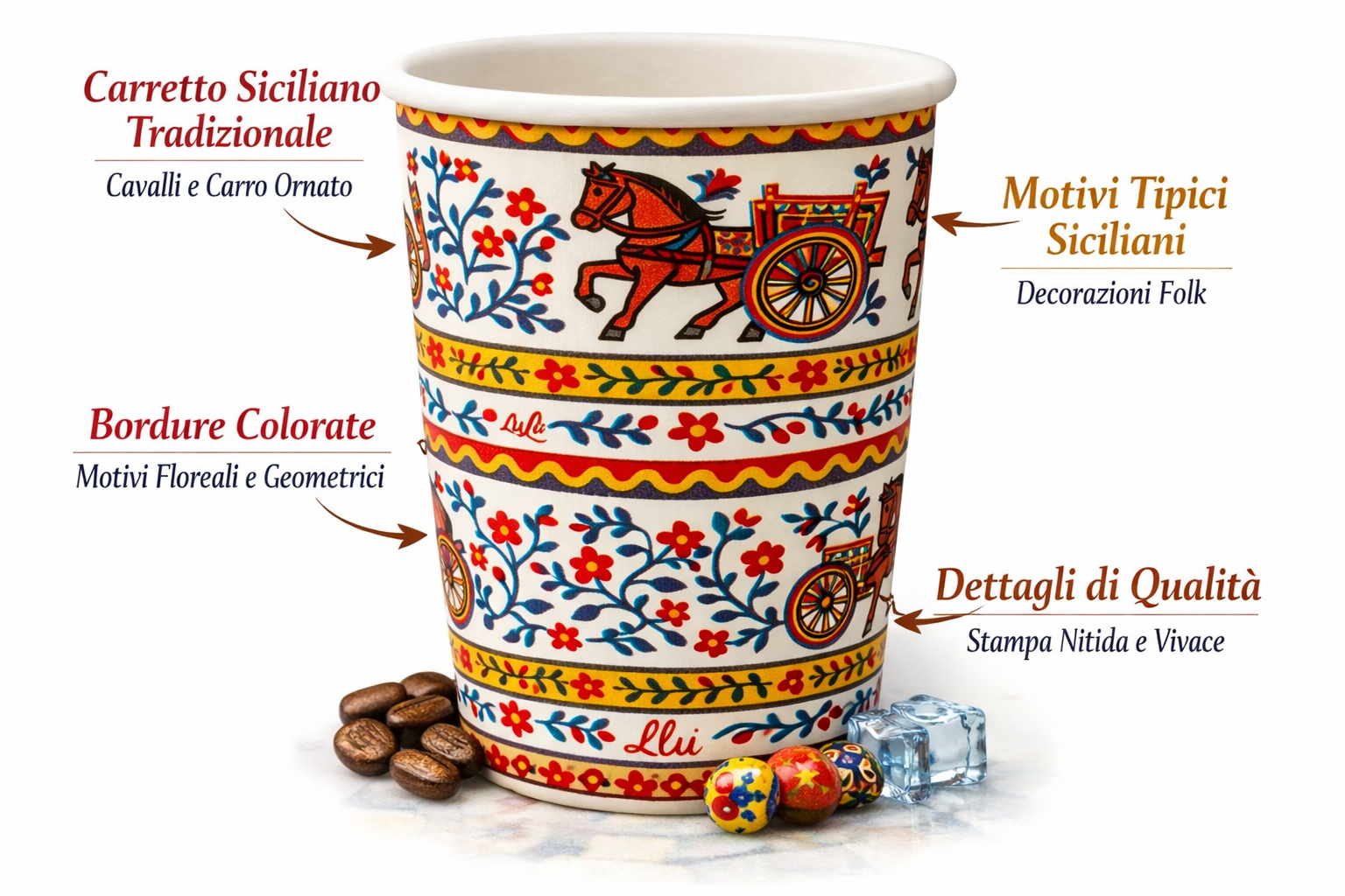 1500 Bicchieri Carta 210ml Stile Siciliano - Carretto Tradizionale