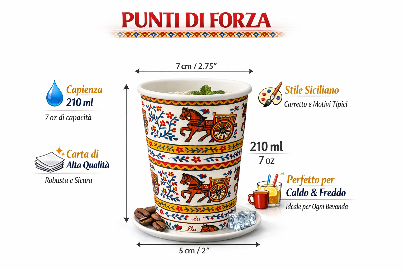 1500 Bicchieri Carta 210ml Stile Siciliano - Carretto Tradizionale