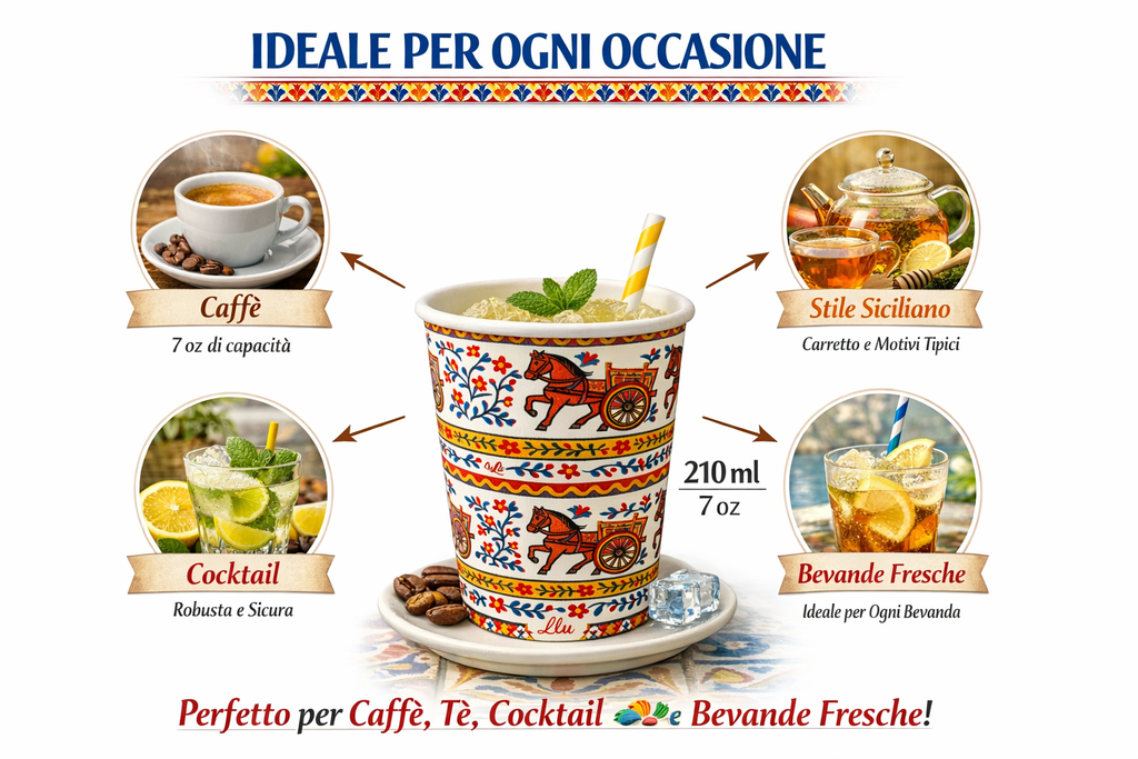 1500 Bicchieri Carta 210ml Stile Siciliano - Carretto Tradizionale