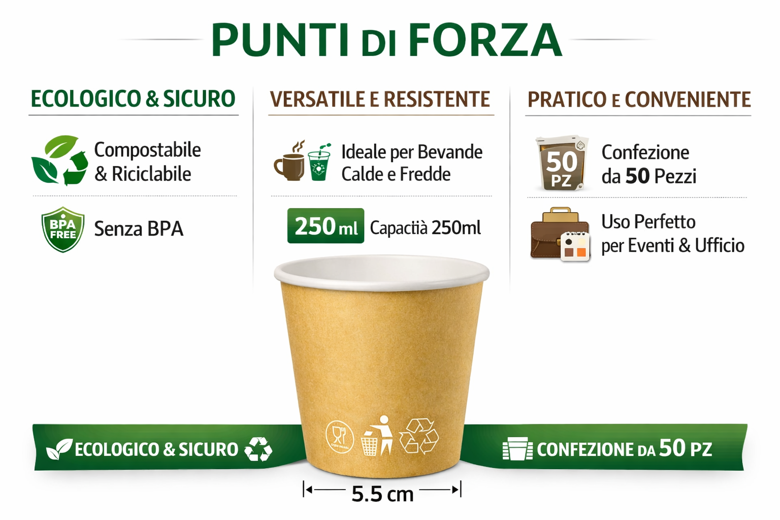 1000 Bicchieri di Carta 250ml Avana