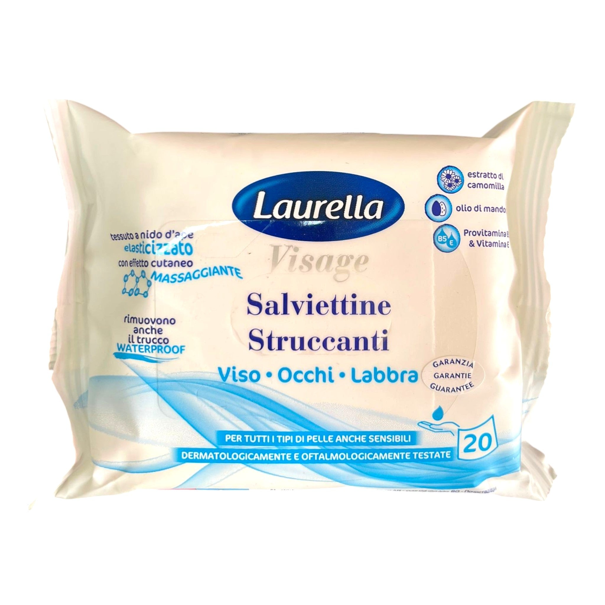 Laurella Visage Salviettine Struccanti Viso Occhi Labbra 20pz - Camomilla, Olio di Mandorle e Provitamina B5 Immagine principale del prodotto