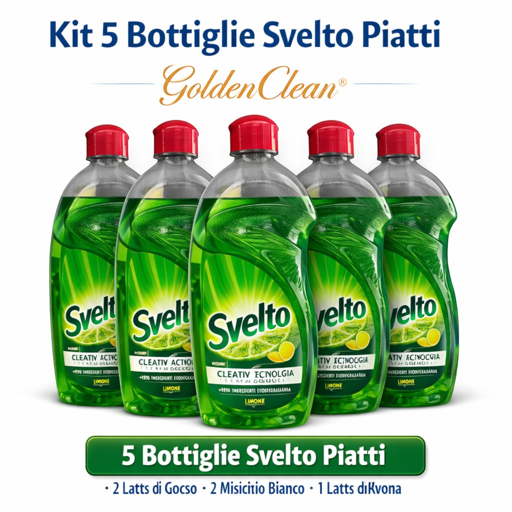 Kit risparmio Golden Clean con 5 bottiglie di detersivo piatti Svelto al limone, formula sgrassante biodegradabile.
