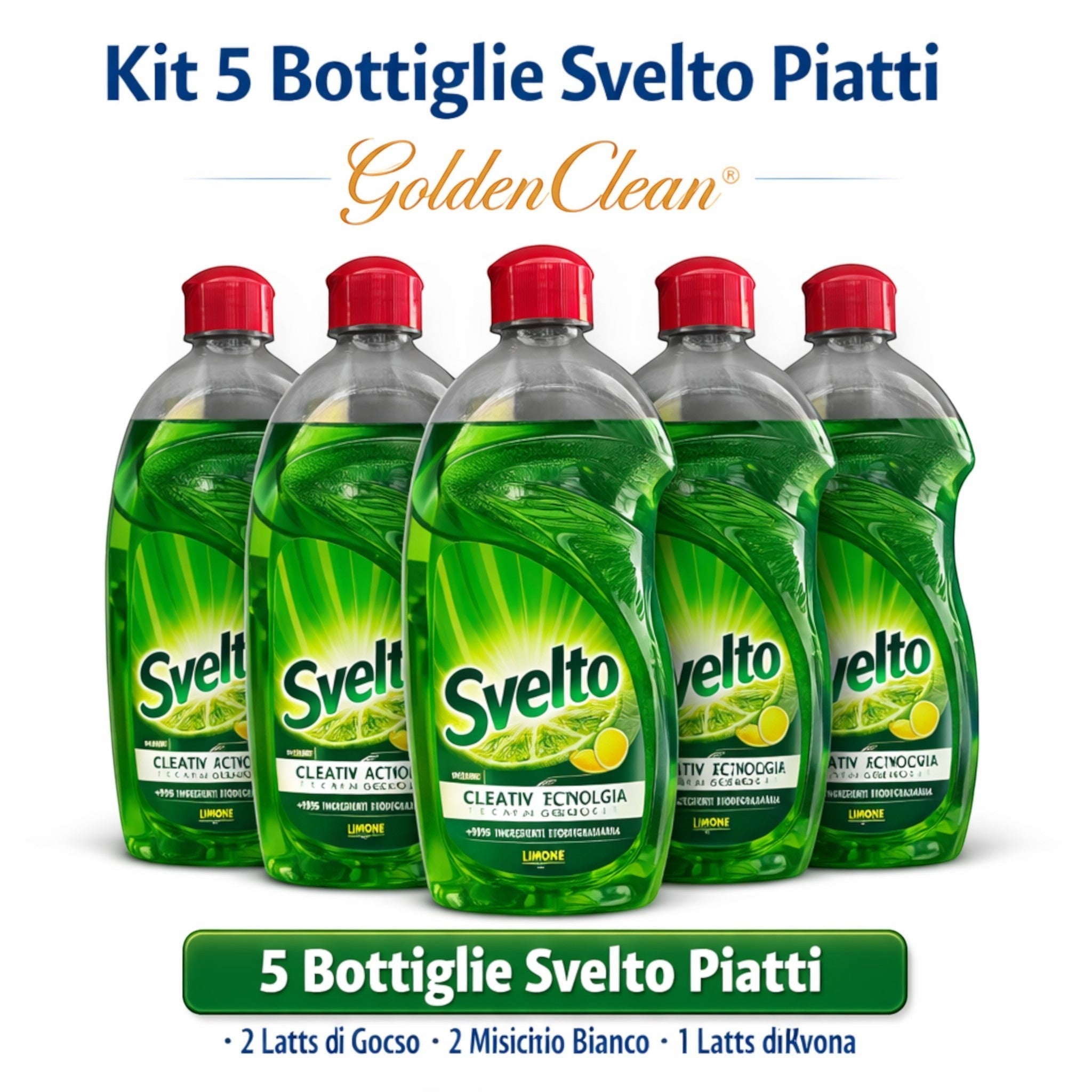 Kit risparmio Golden Clean con 5 bottiglie di detersivo piatti Svelto al limone, formula sgrassante biodegradabile.