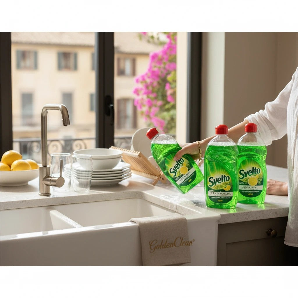 Kit 5 bottiglie detersivo piatti Svelto al limone Golden Clean su piano cucina moderno