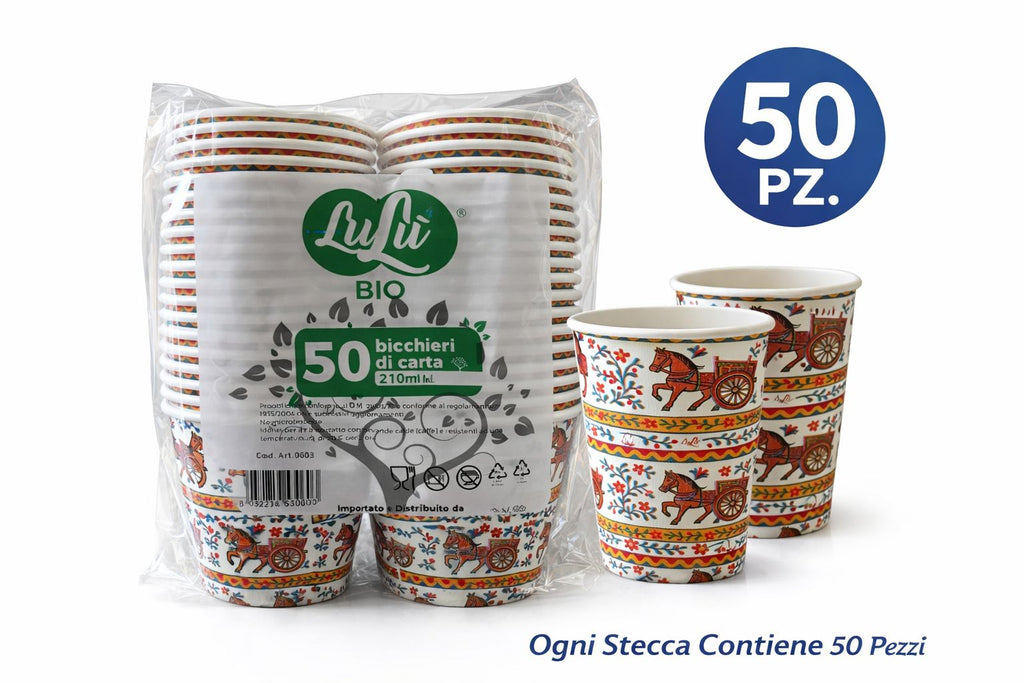1500 Bicchieri Carta 210ml Stile Siciliano - Carretto Tradizionale