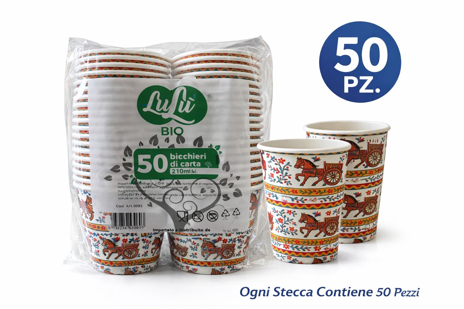 1500 Bicchieri Carta 210ml Stile Siciliano - Carretto Tradizionale