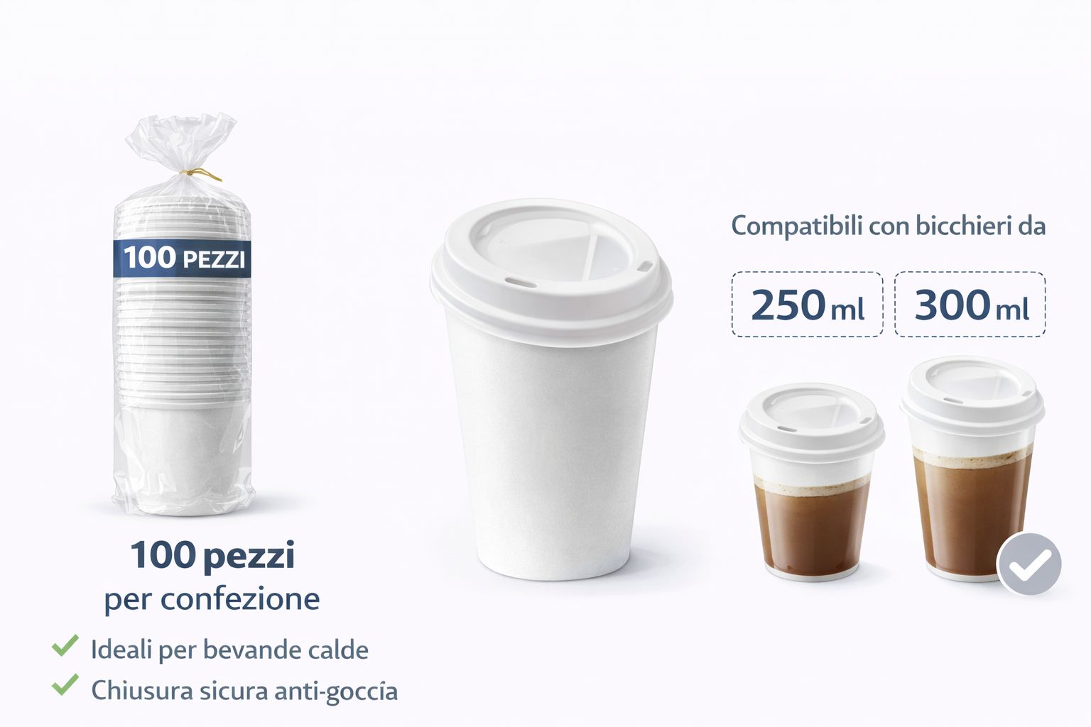 1000 Coperchi per Bicchieri 250/300ml - Universali con Foro - Cartone 1000 Pezzi