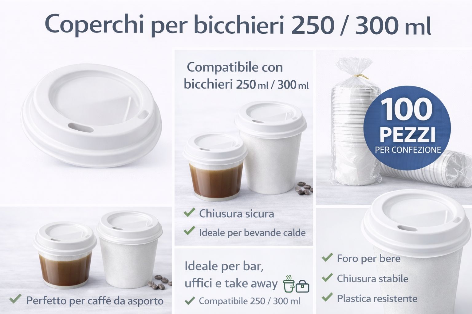 1000 Coperchi per Bicchieri 250/300ml - Universali con Foro - Cartone 1000 Pezzi